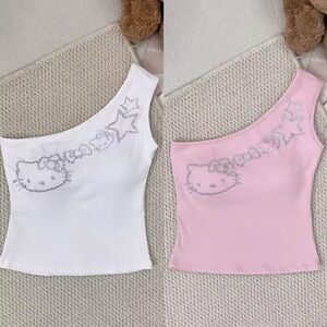 💖 NEW Y2K Hello Kitty Rhinestone One-Shoulder Top (Built-in Bra) 💖